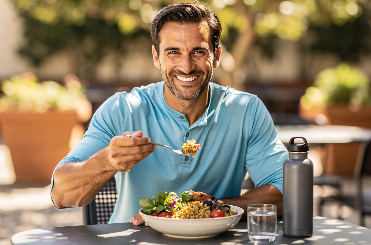 A energetic man in his early 40s grins while eating a colorful grain bowl at a sunlit outdoor café table, a water bottle beside his plate.