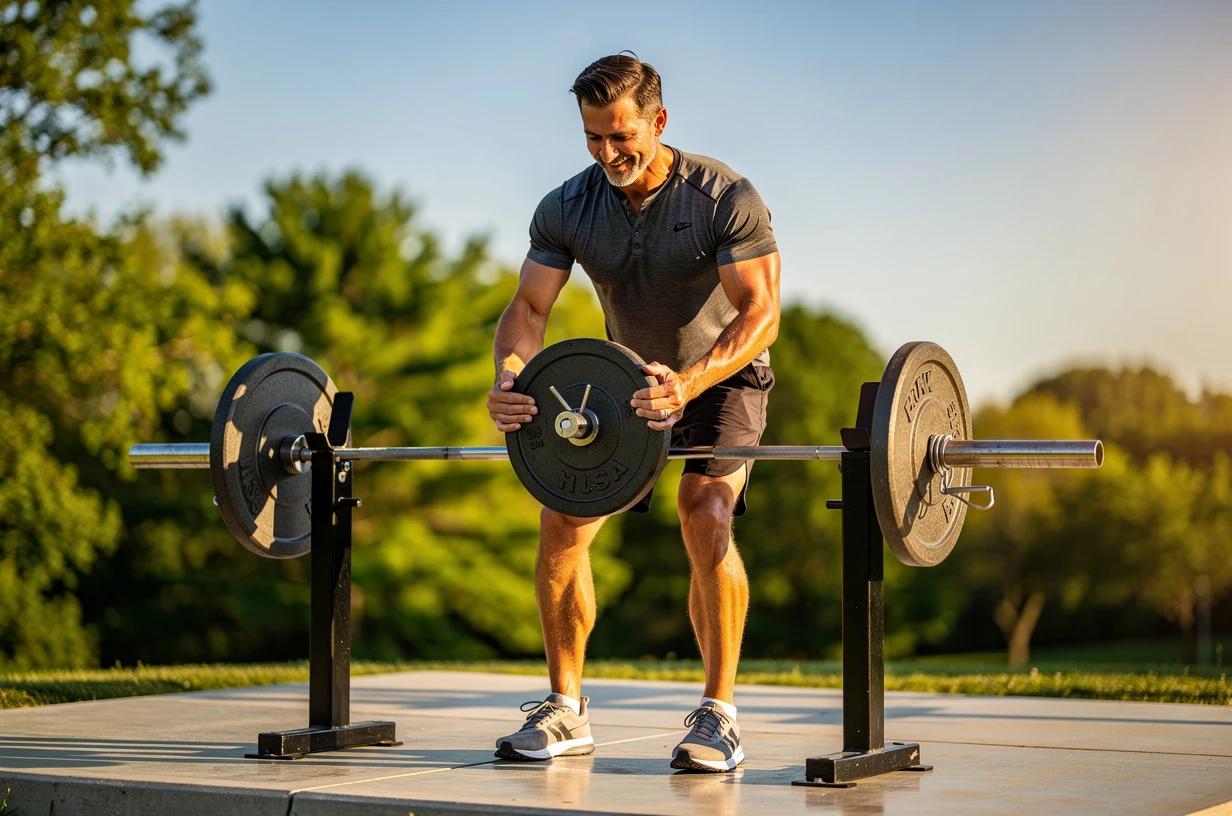 A fit, smiling man in his early 40s loads a barbell at an outdoor gym, sunlight catching the plates, mid-rep focus on his face.