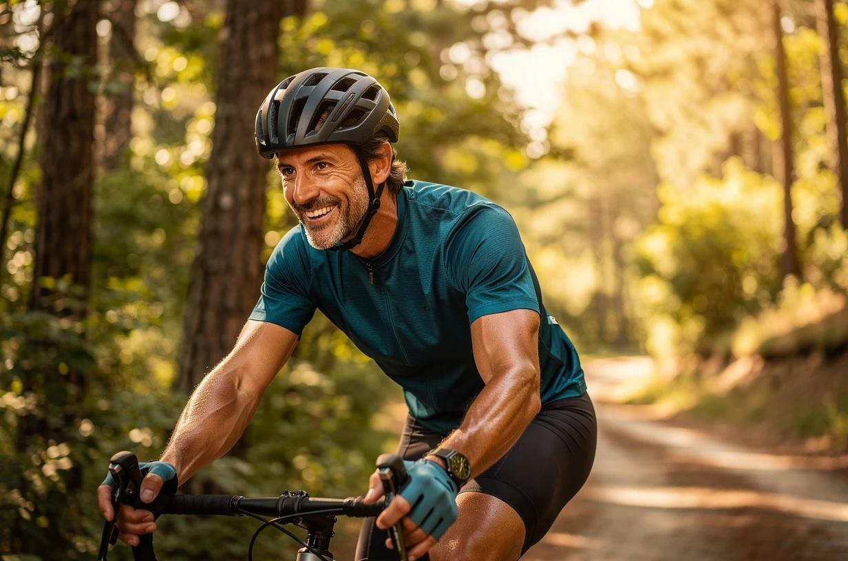 A happy man in his early 40s cycling on a sun-lit trail through a forest, helmet on, grinning as he crests a hill.