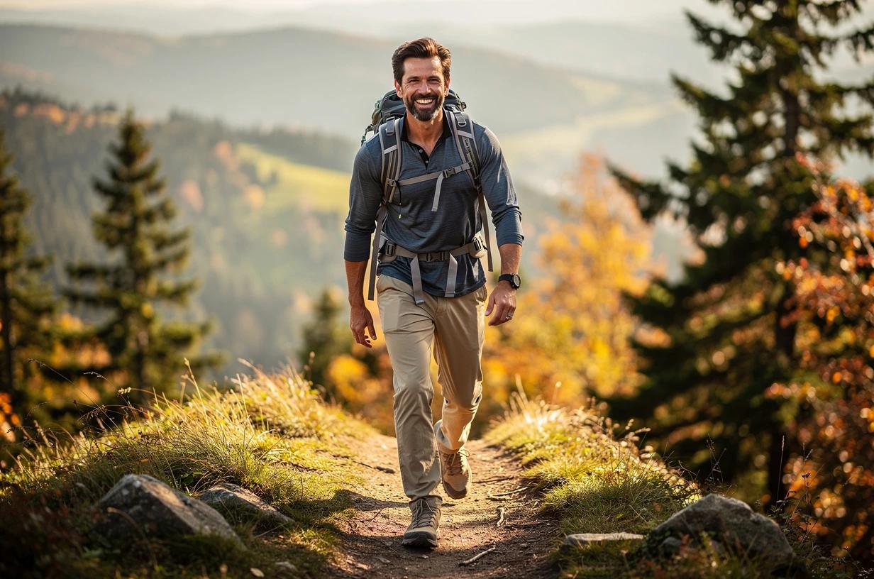A fit, energetic man in his early 40s hiking a sunny wooded trail with a full backpack, grinning as he crests a ridge with a wide landscape behind him.
