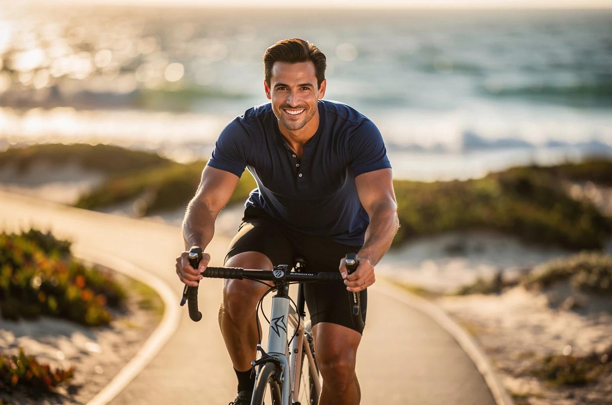 A smiling man in his late 30s in athletic gear cycles along a bright coastal trail, leaning forward with clear energy and purpose.