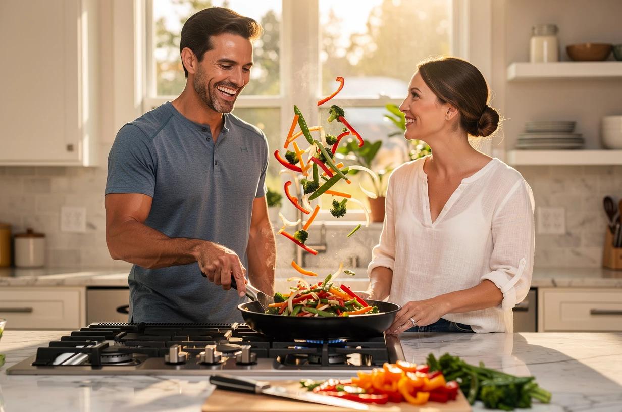 A fit man in his mid-30s laughing with his partner while preparing a colorful vegetable stir-fry together in a bright home kitchen.
