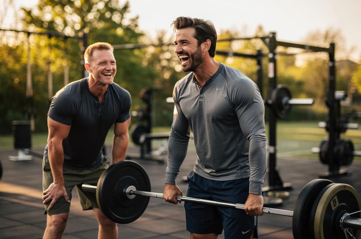 A fit man in his mid-30s lifts a barbell in an outdoor weightlifting area, laughing with a training partner between sets on a bright morning.