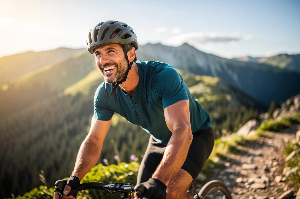 A happy, energetic man in his early 40s cycling on a sun-drenched mountain trail, grinning as he crests a hill with open sky behind him.
