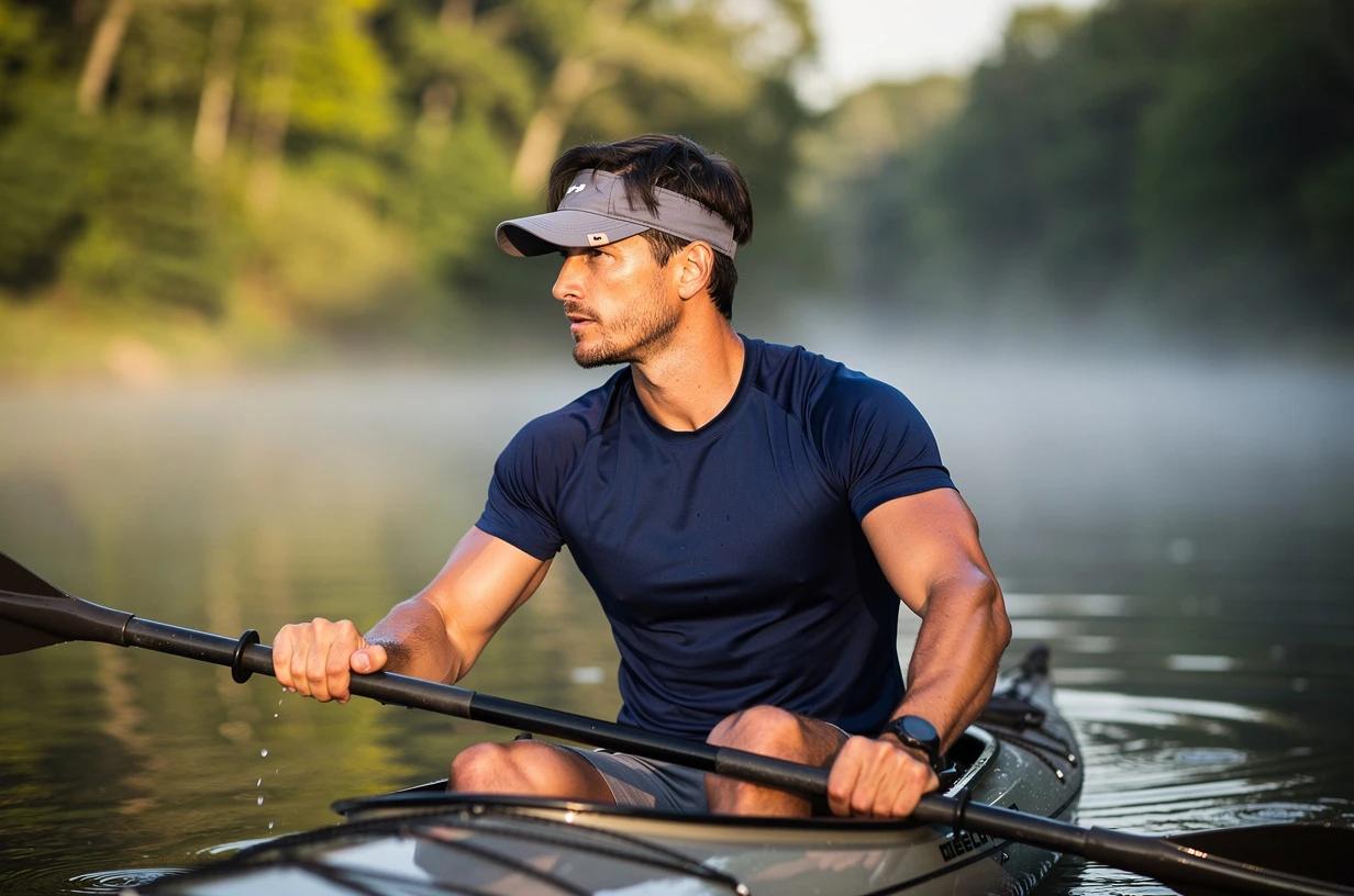 A man in his mid-30s paddles a kayak through calm morning water, leaning forward with a wide smile as mist rises off a tree-lined river.
