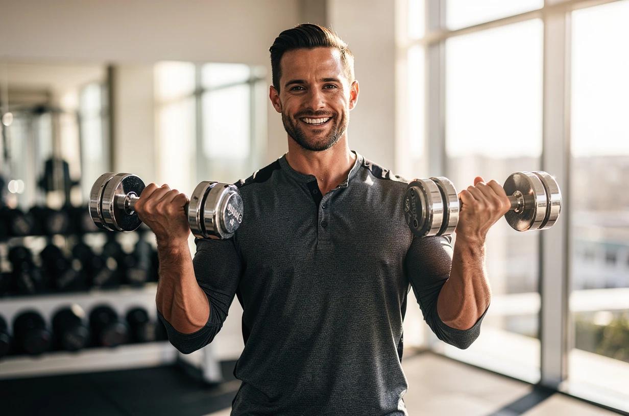 A happy, energetic man in his mid-30s lifting dumbbells in a bright, well-equipped home gym, grinning after completing a set.
