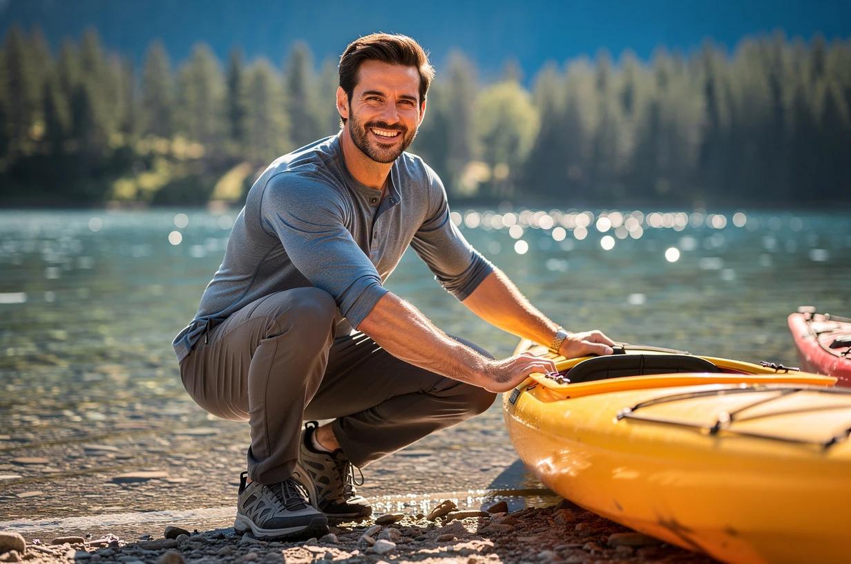A energetic man in his mid-40s loading a kayak at the edge of a bright lake on a clear morning, grinning as he prepares to launch.