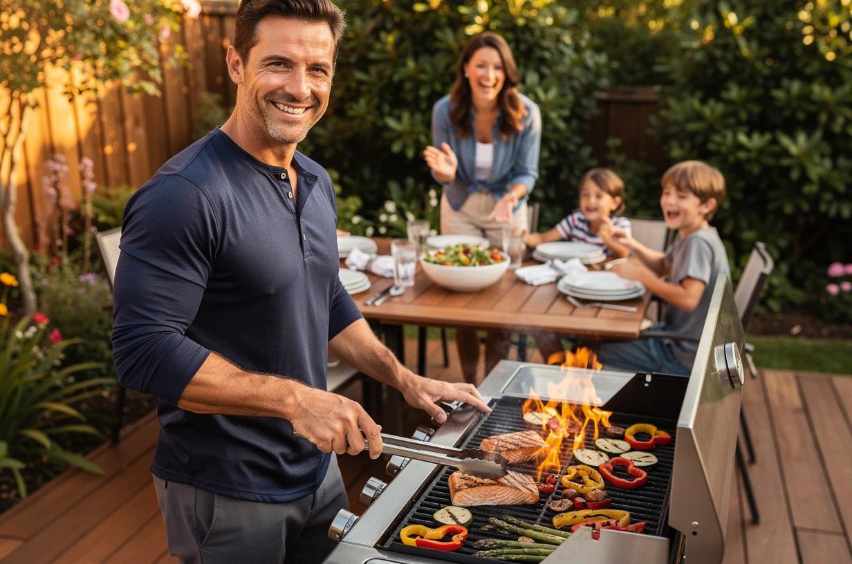 A cheerful man in his early 40s grills salmon and vegetables on a backyard deck while his family sets the outdoor table behind him in late afternoon light.