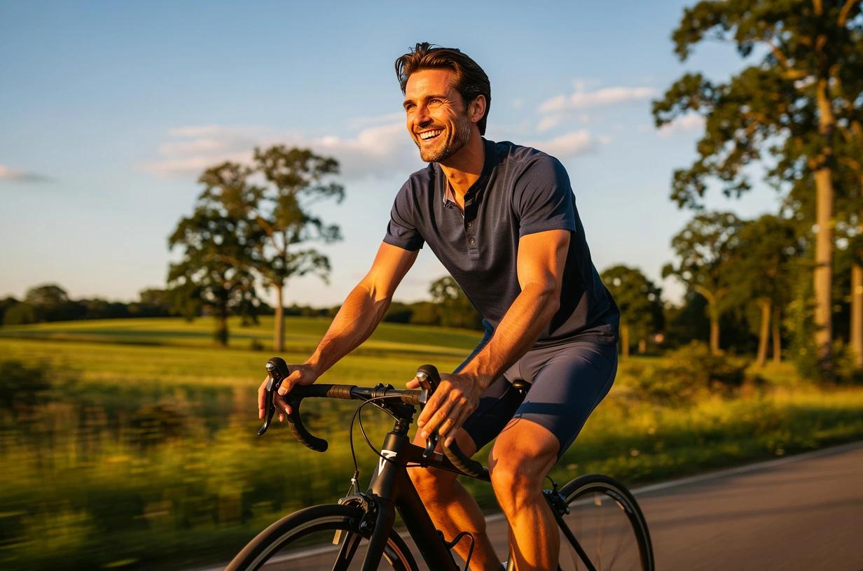 A man in his mid-30s cycling on a sunlit trail through open countryside, grinning as he rides, trees and blue sky visible in the background.