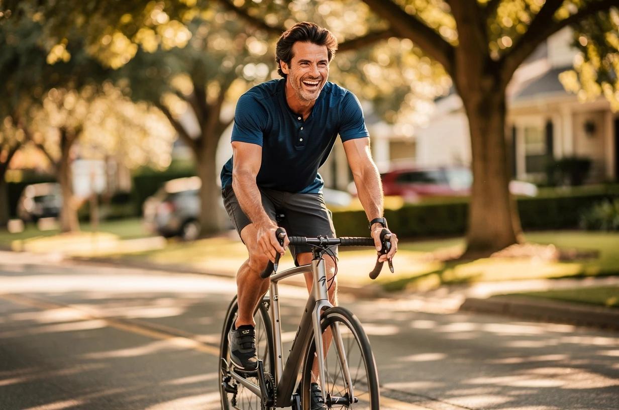 A cheerful man in his early 40s cycles a road bike through a tree-lined neighborhood on a bright weekend morning, dressed in casual athletic gear.
