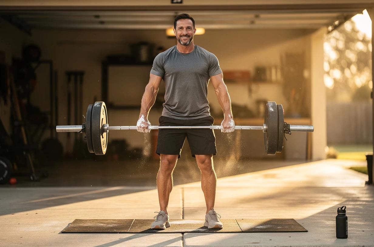 A fit man in his mid-40s grins as he lifts a loaded barbell in a sunlit garage gym, chalk on his hands and a water bottle on the floor beside him.