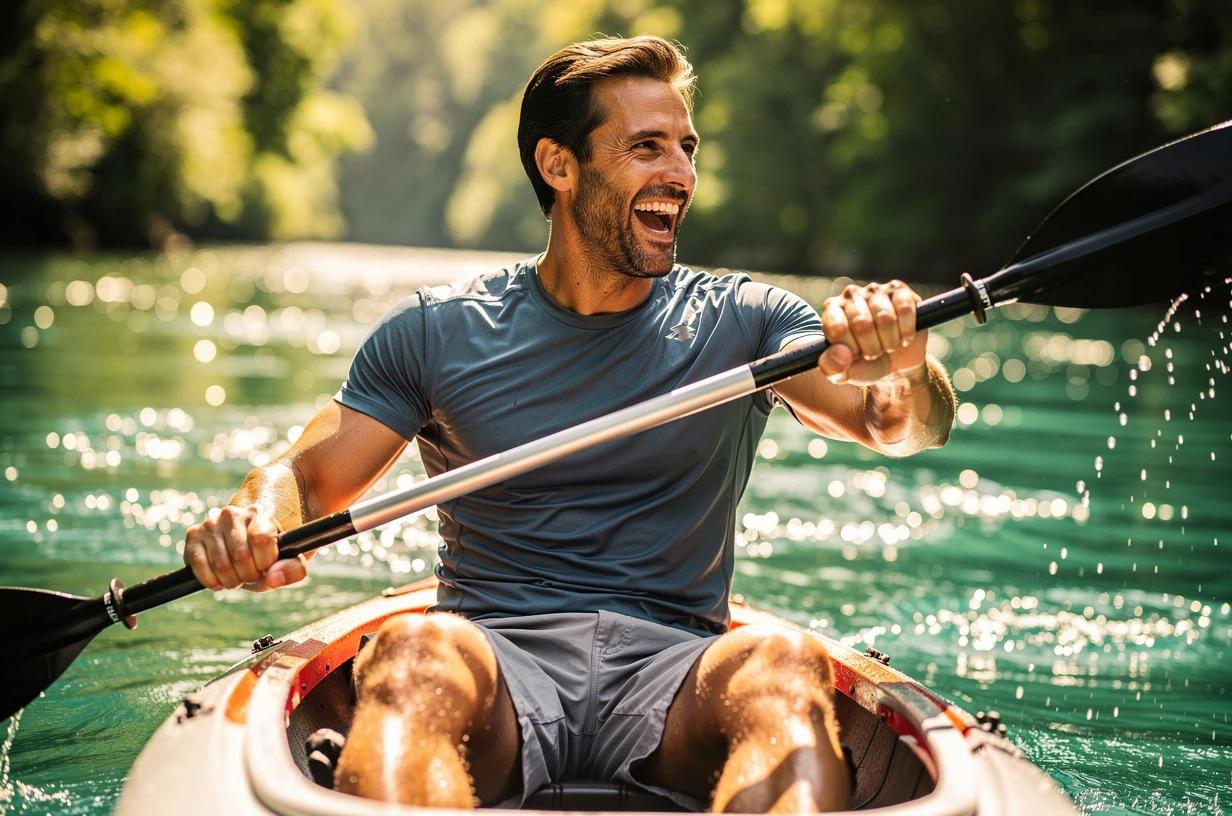 A man in his late thirties laughing and paddling a kayak on a bright river, arms strong, water sparkling around him.