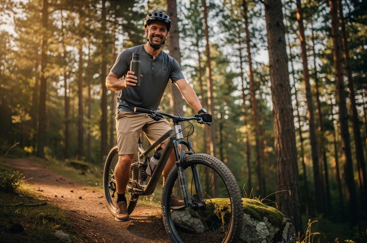A fit, energetic man in his mid-30s pausing on a mountain-bike trail to drink from a thermos, surrounded by pine trees and morning light, smiling at the camera.