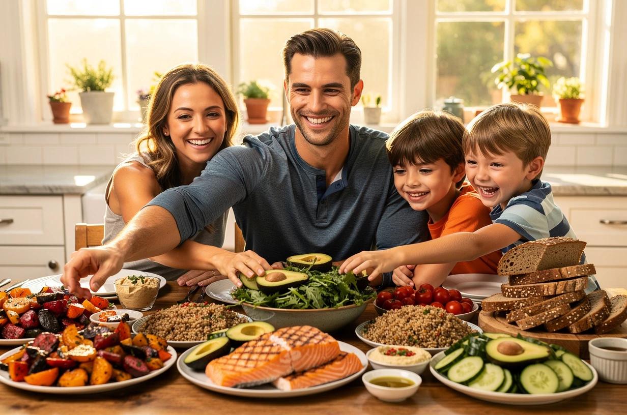 A cheerful man in his mid-30s sits at a bright kitchen table with his family, reaching for a colorful Mediterranean-style spread of vegetables, grilled fish, and whole grains.
