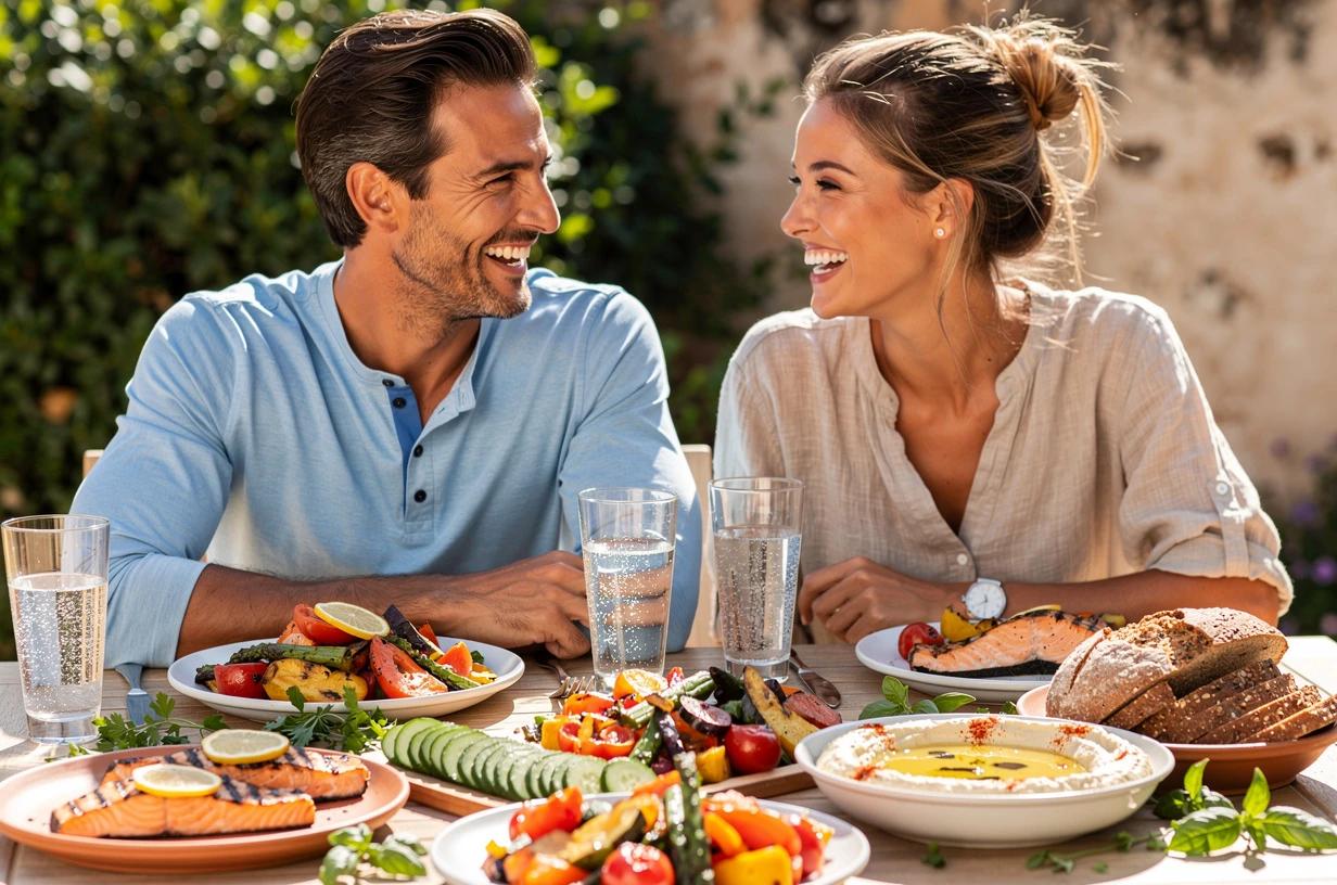 A smiling man in his early 40s sits at a bright outdoor patio table with his wife, both eating a colorful Mediterranean-style meal of grilled fish, vegetables, and whole grain bread.