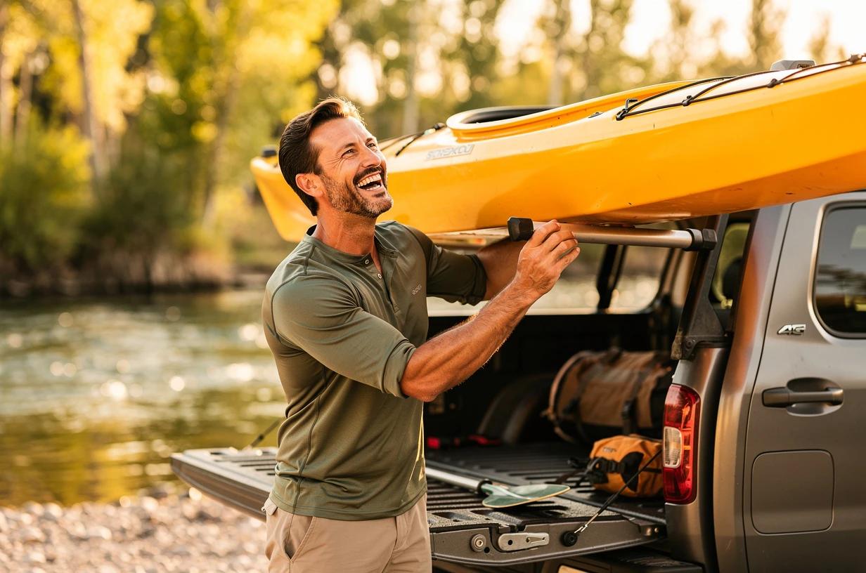 A fit man in his early 40s laughing as he loads a kayak onto the roof of his truck at a sunny riverbank, sleeves rolled up, ready for a morning on the water.