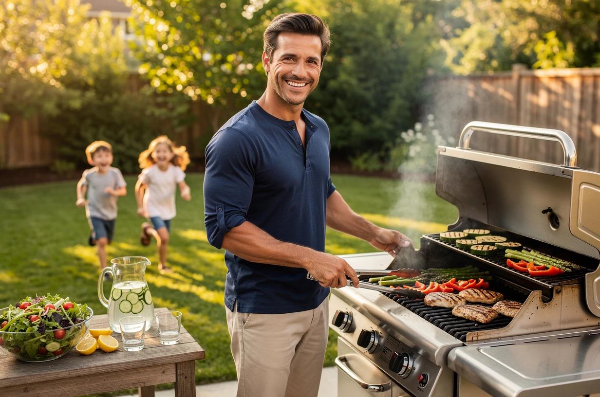 A smiling man in his mid-30s grilling vegetables and lean protein in a bright backyard while his young kids play nearby.