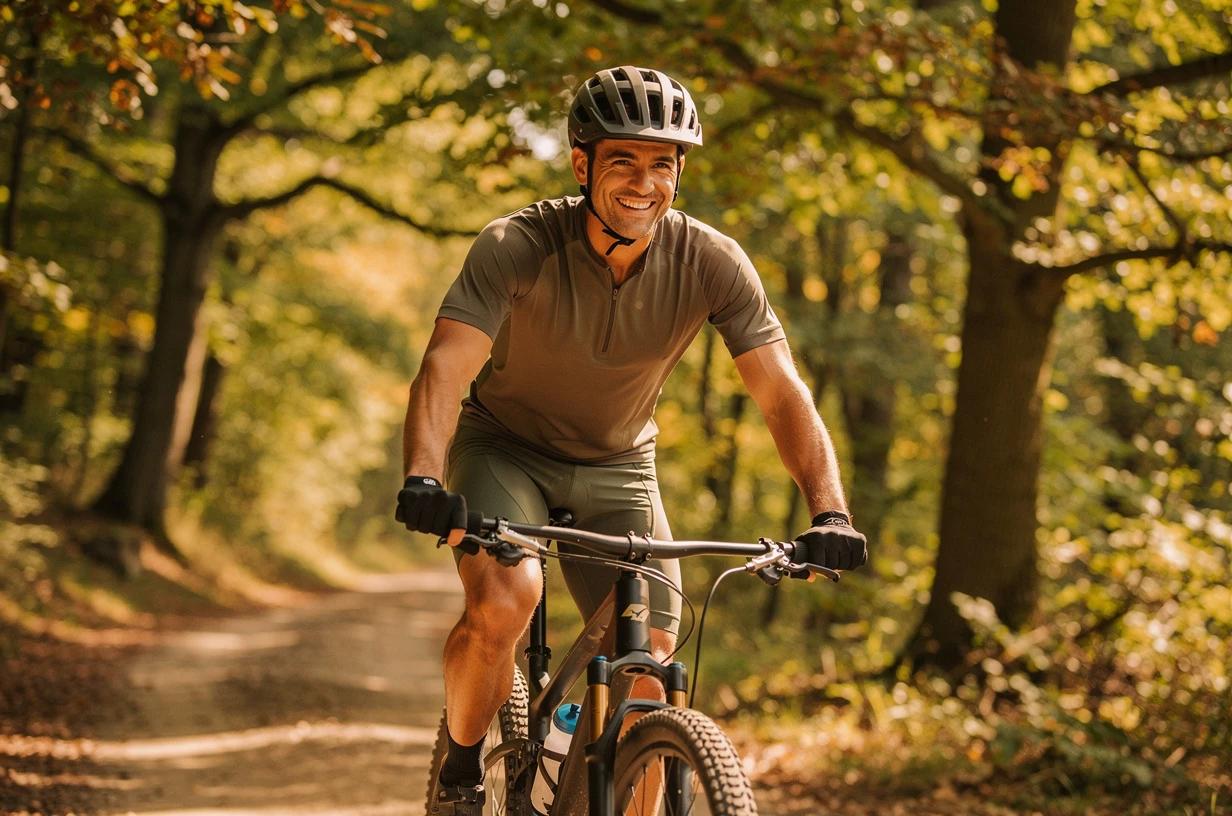 A energetic man in his late 30s cycles on a wooded trail, bright morning light filtering through the trees, helmet on and grinning.