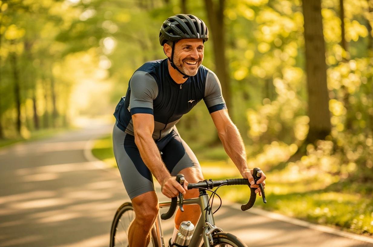 A fit man in his late 30s cycles a road bike through a tree-lined trail, grinning with a water bottle clipped to the frame.