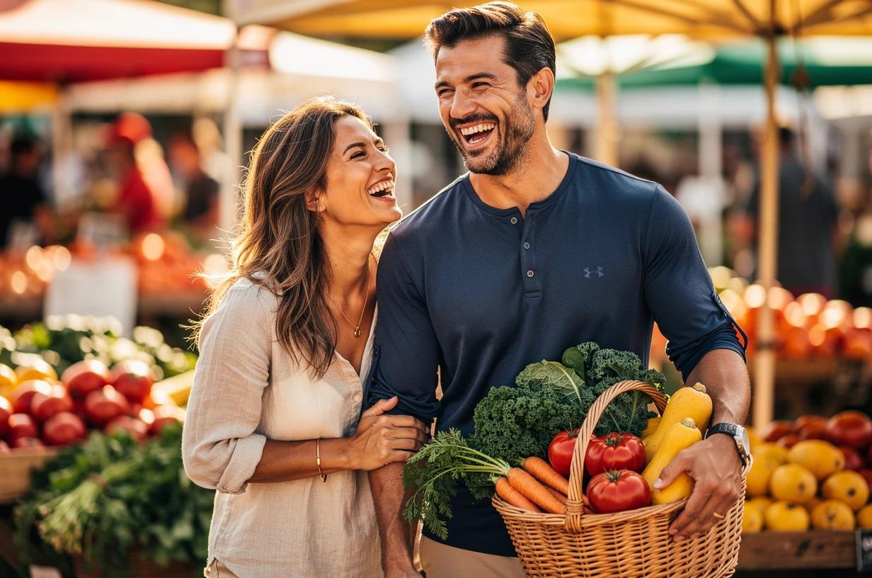 A fit man in his late 30s laughing with his partner at an outdoor farmer's market, carrying a basket of fresh produce on a bright Saturday morning.