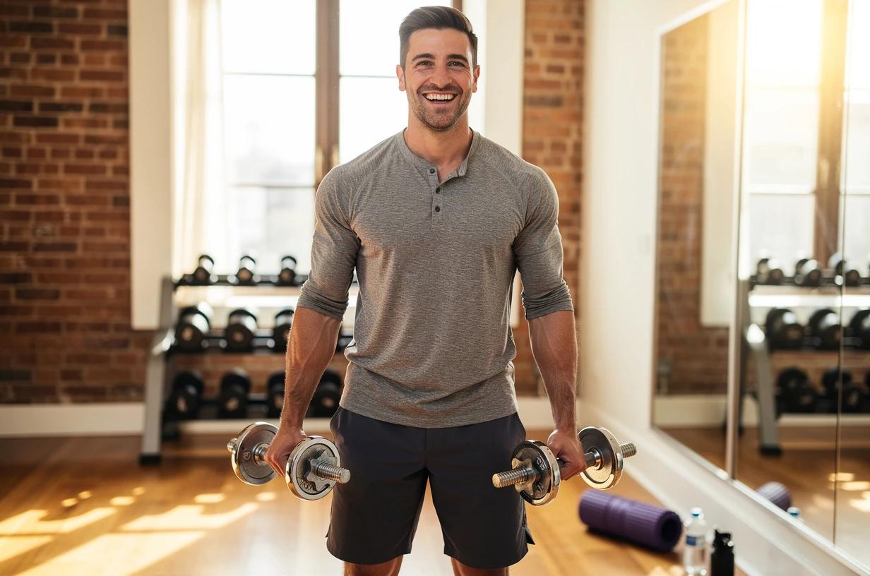 A happy man in his mid-30s lifts free weights in a bright home gym, grinning after finishing a set, morning sunlight coming through the window behind him.