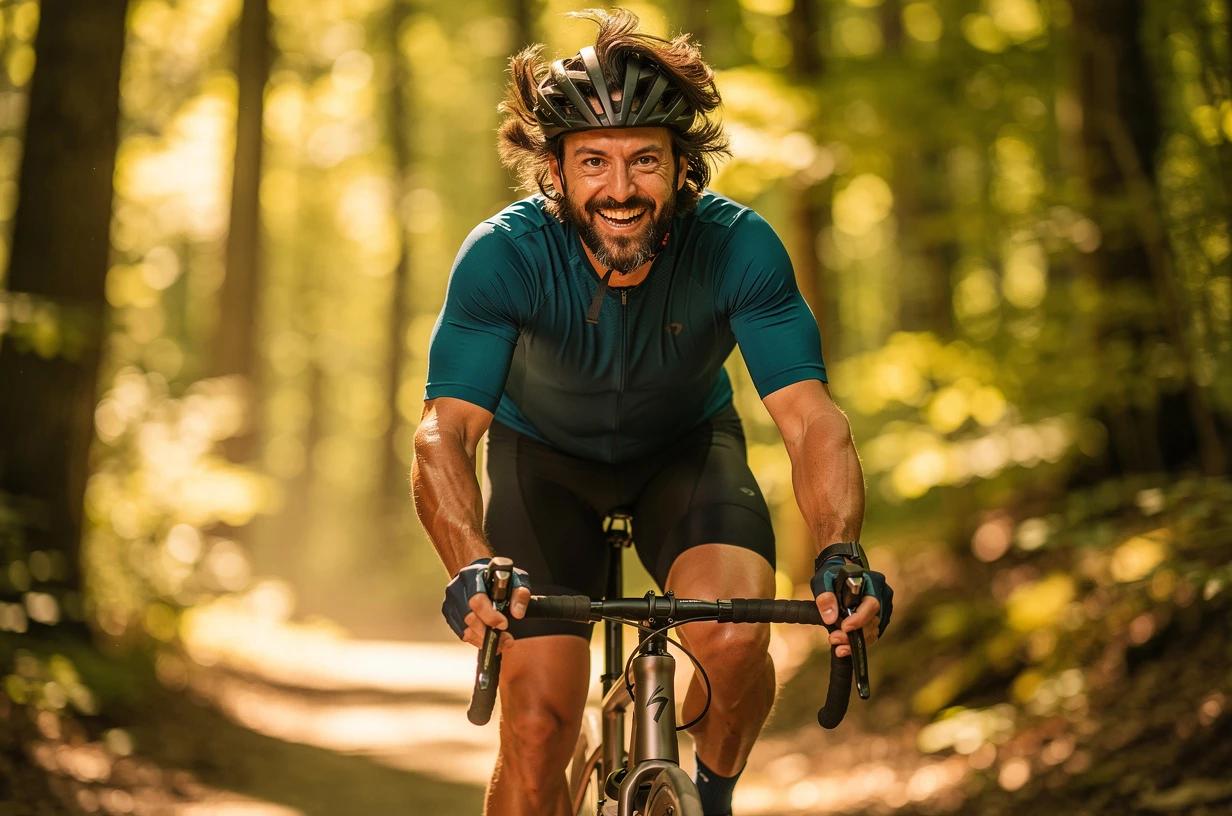 A happy man in his early 40s cycling on a sun-drenched trail through a forest, grinning as he crests a hill.