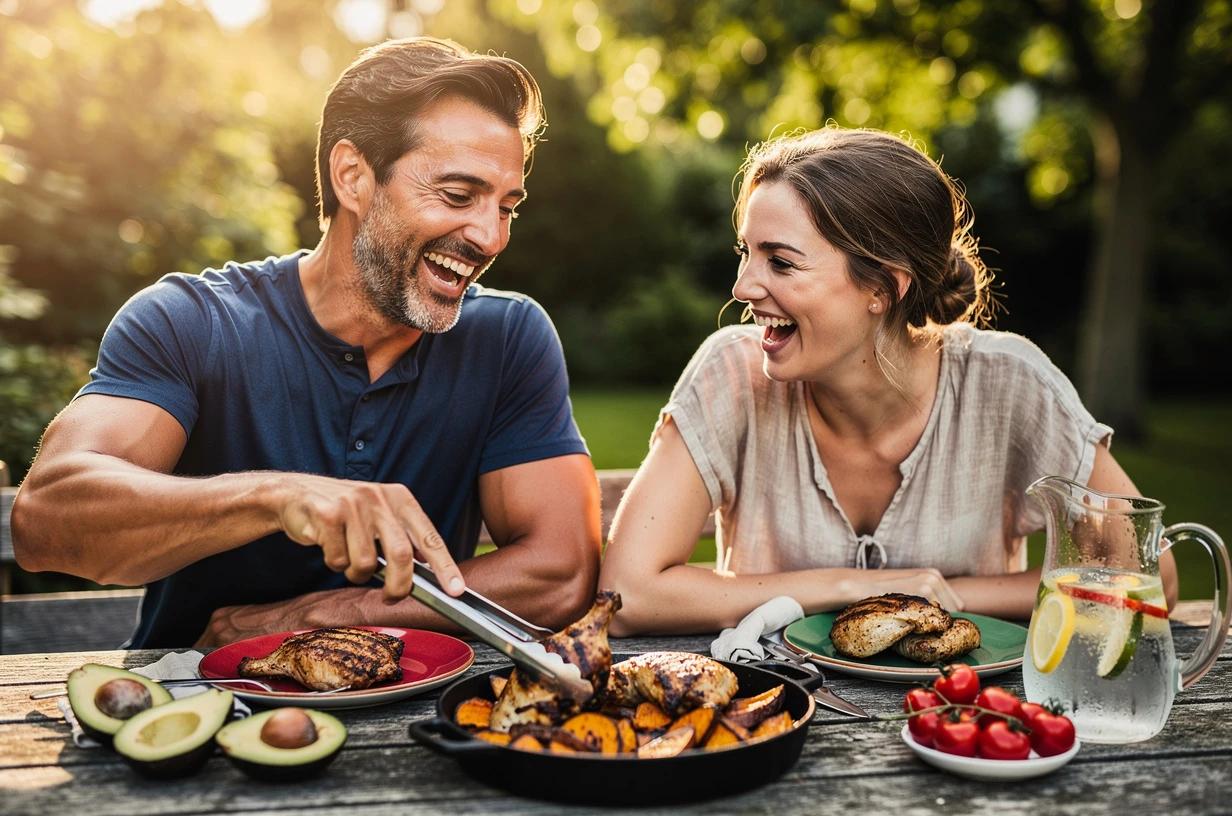 A happy man in his early 40s sits at a sunny backyard picnic table with his wife, both laughing as he dishes out grilled chicken and sweet potatoes after a workout.