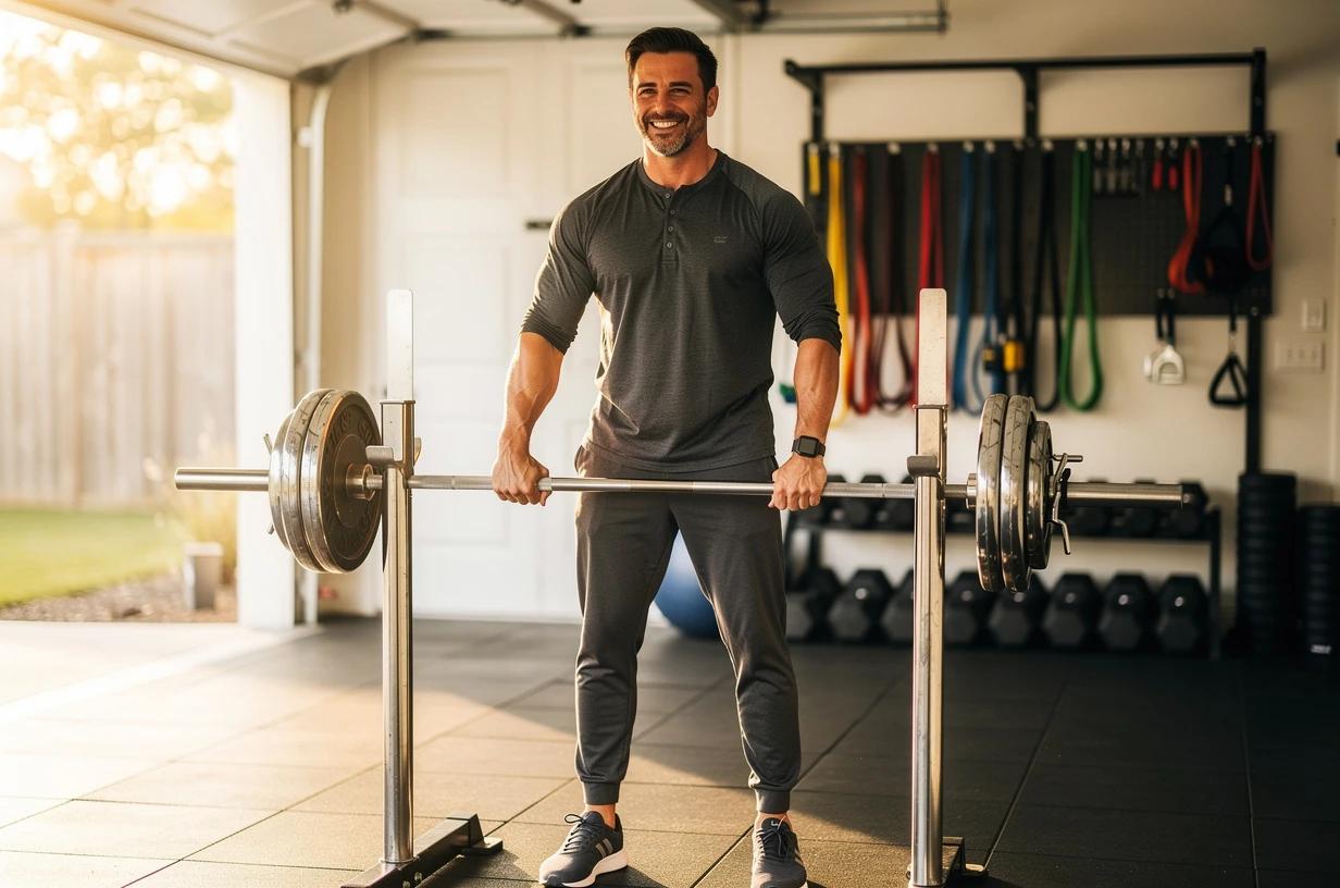 A fit man in his late 30s lifts free weights in a bright home garage gym, grinning as he sets the barbell down after a clean set.