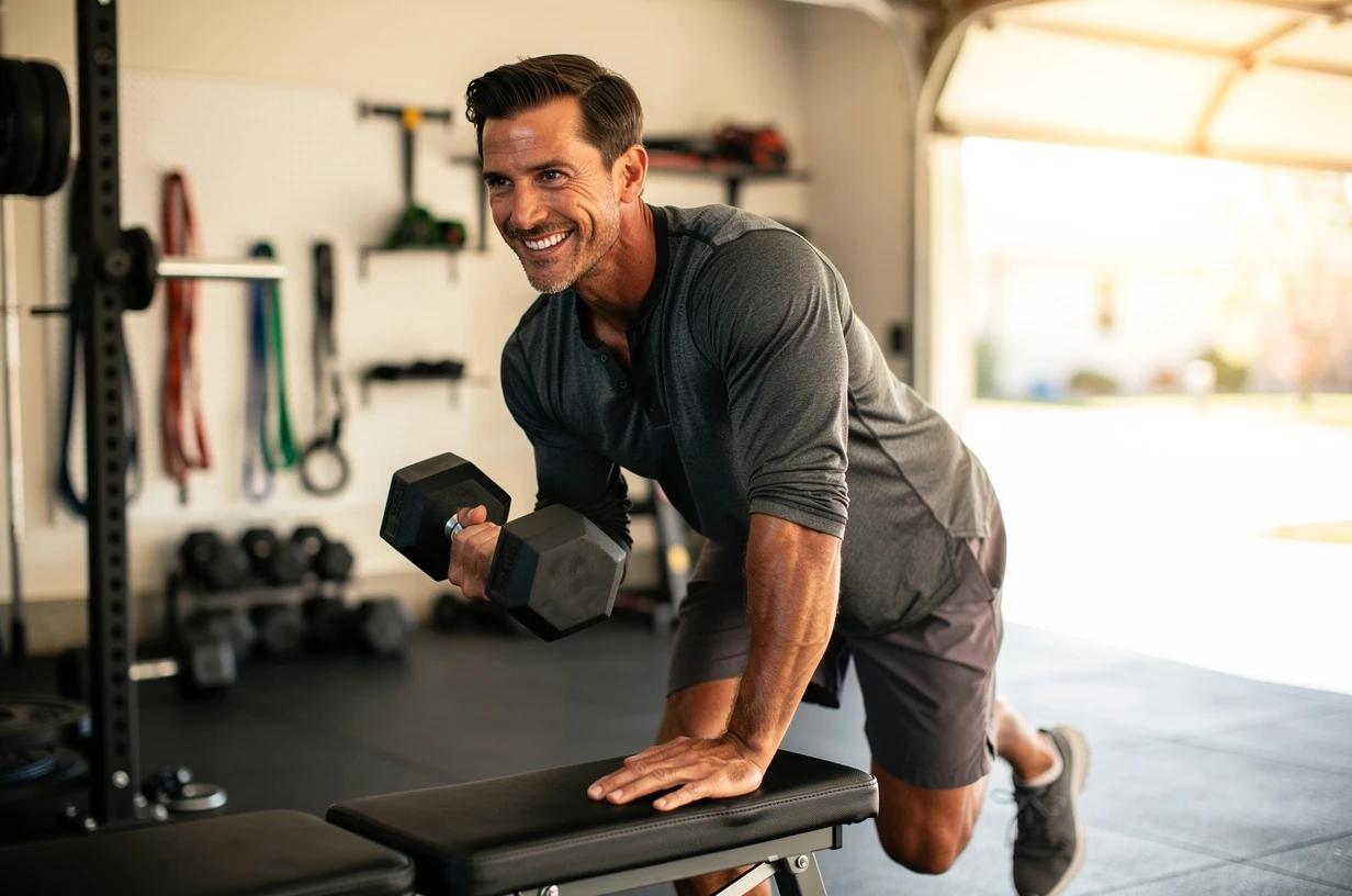 A happy, energetic man in his mid-40s lifts free weights in a sunlit home garage gym, grinning as he completes a set of dumbbell rows.