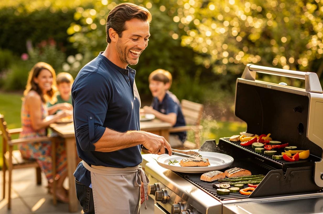 A cheerful man in his early 40s grills salmon and vegetables on an outdoor patio, laughing as he plates the food for his family.