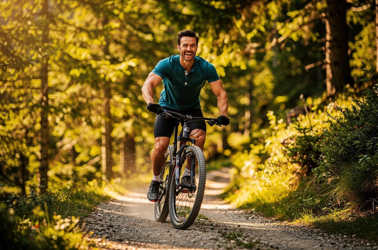 A energetic man in his late 30s cycling on a sunlit mountain trail, grinning as he crests a hill with a forest backdrop.