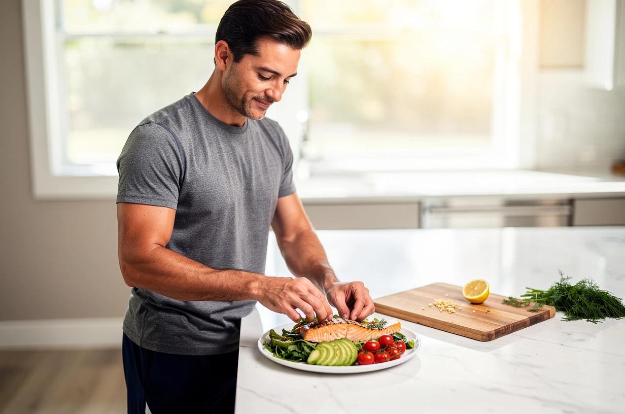 A fit man in his mid-30s laughs while plating a colorful meal at a bright kitchen island, fresh vegetables and grilled protein spread out in front of him.