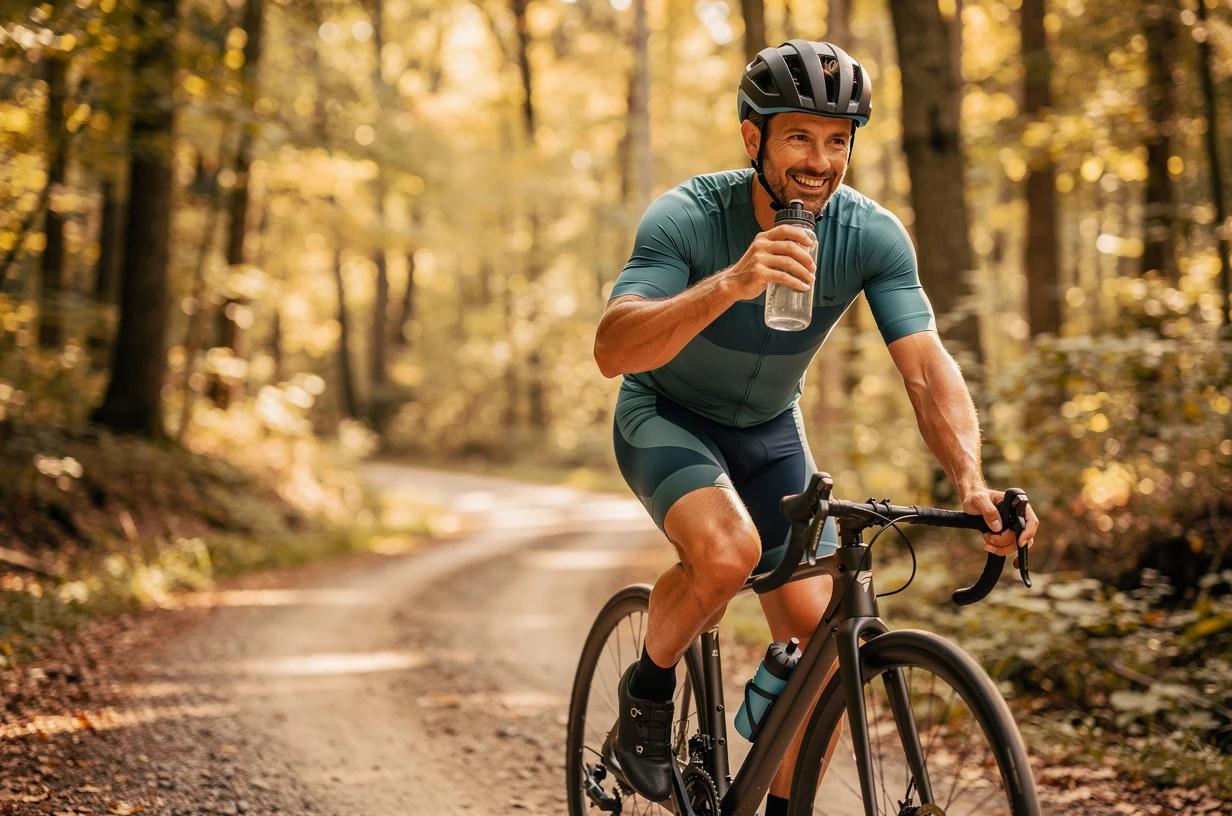 A happy, energetic man in his late 30s grins while cycling on a sun-lit trail through a forest, helmet on and water bottle in hand.