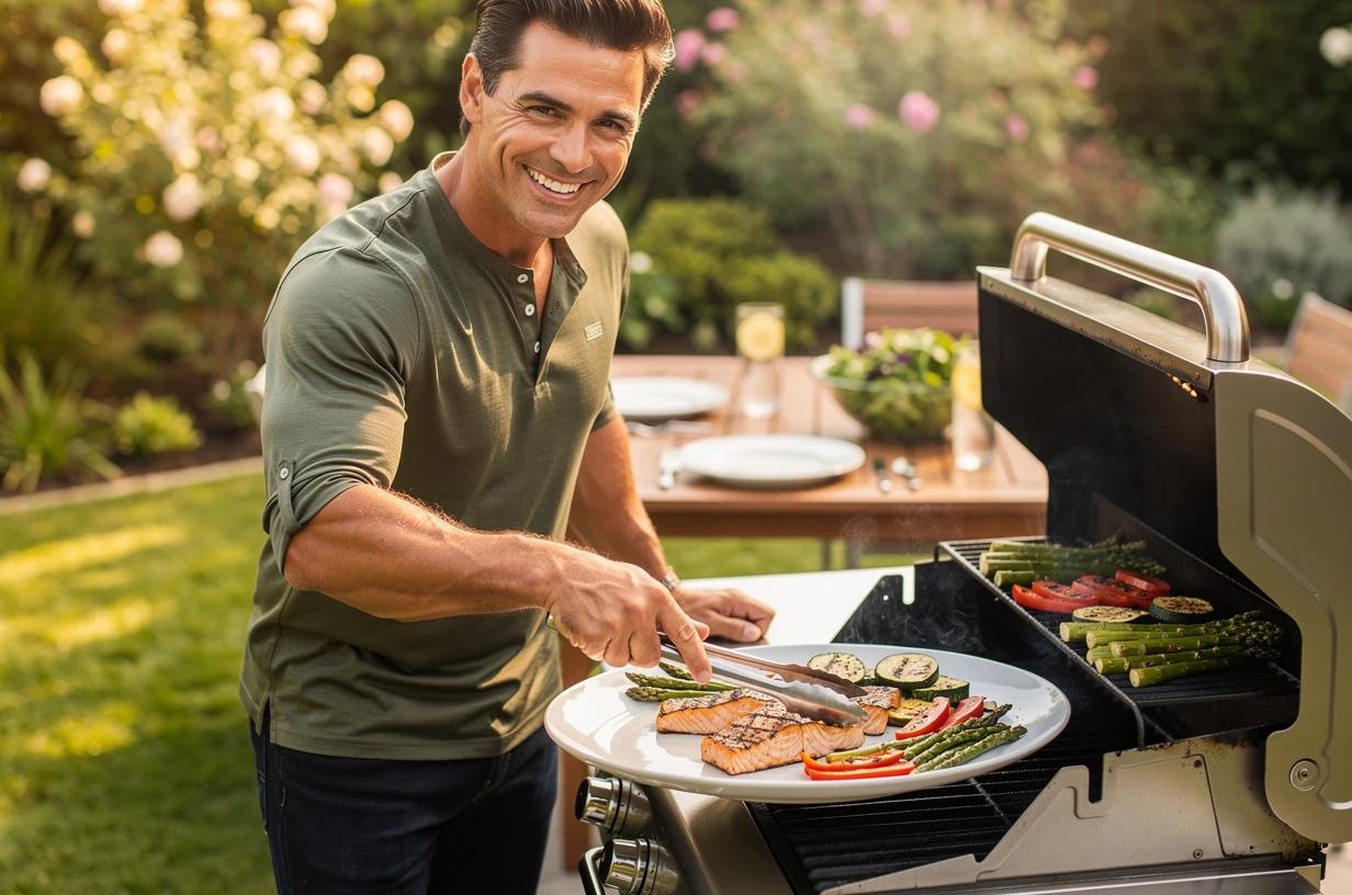 A fit man in his early 40s grills salmon and vegetables on a backyard patio in bright afternoon sunlight, smiling as he plates the meal for his family.