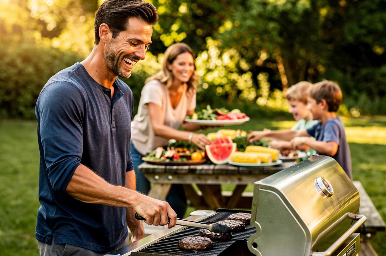 A fit man in his mid-30s laughing while flipping burgers at a backyard grill with his family gathered around the table behind him.