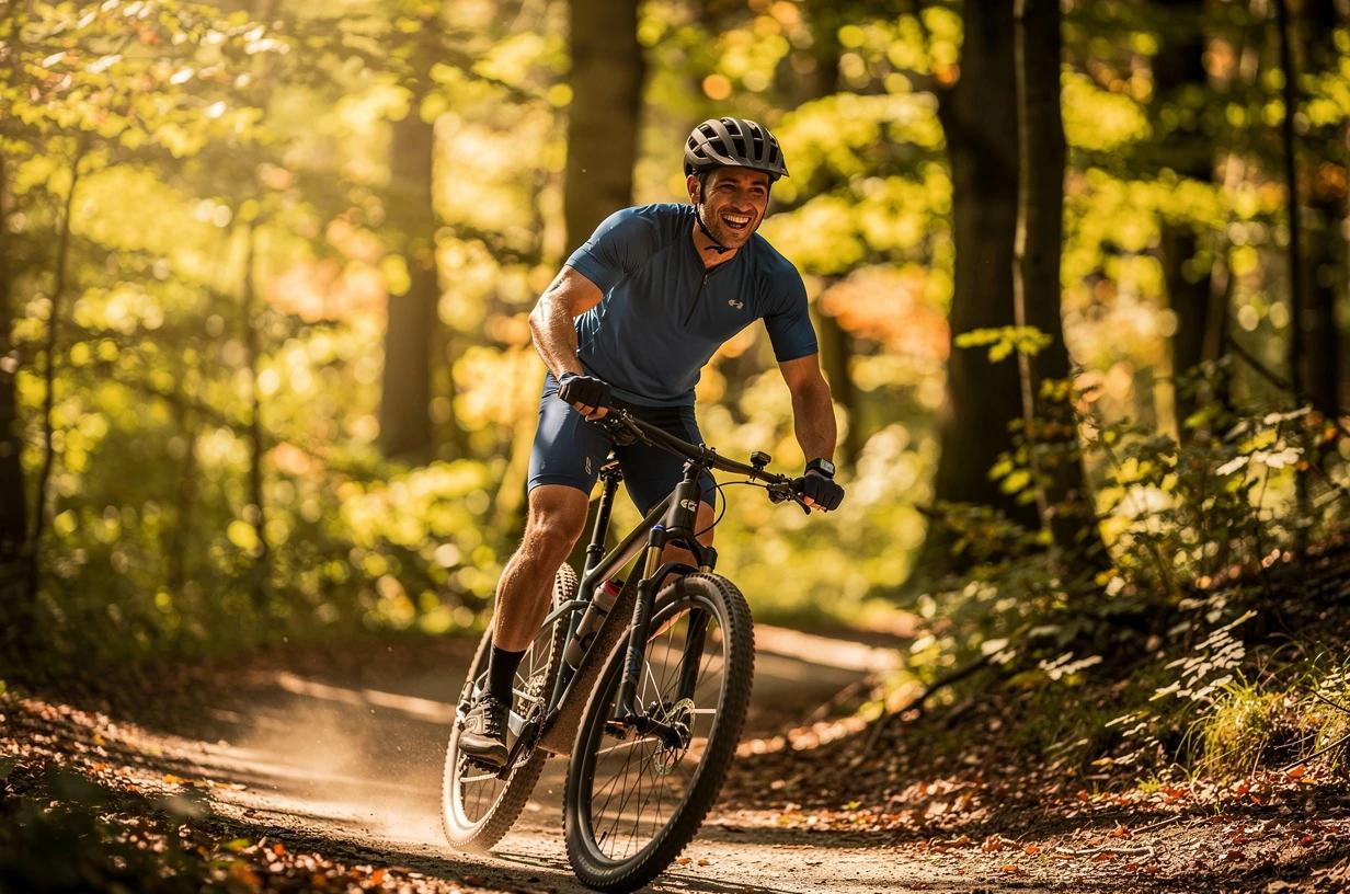 A man in his mid-30s cycling on a sun-drenched trail through a forest, helmet on, grinning as he rounds a bend.