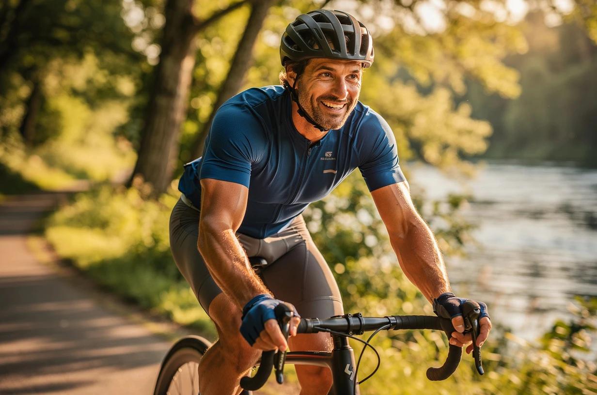 A happy, energetic man in his mid-40s cycles along a sun-lit riverside trail, helmet on, grinning as he leans into a wide curve.