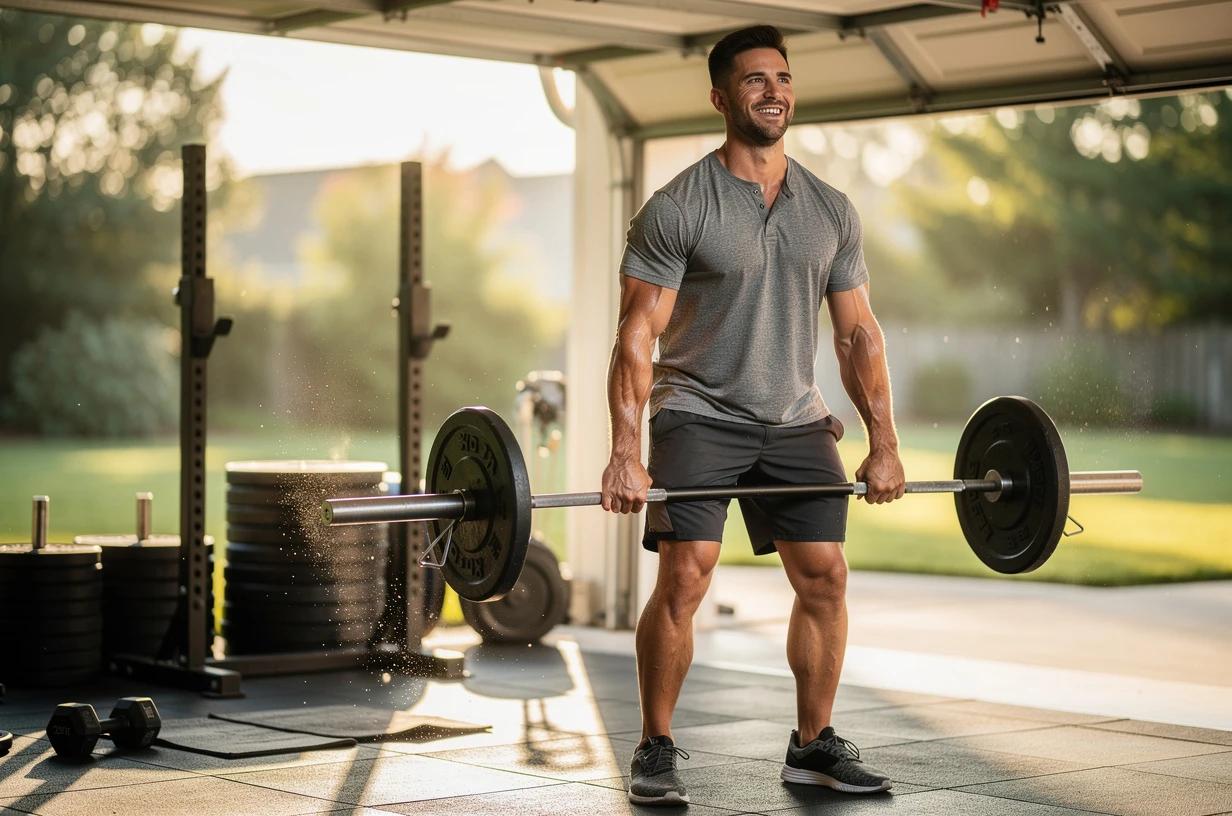 A happy man in his late 30s lifts a loaded barbell in a bright, open-air garage gym, grinning between reps on a clear morning.