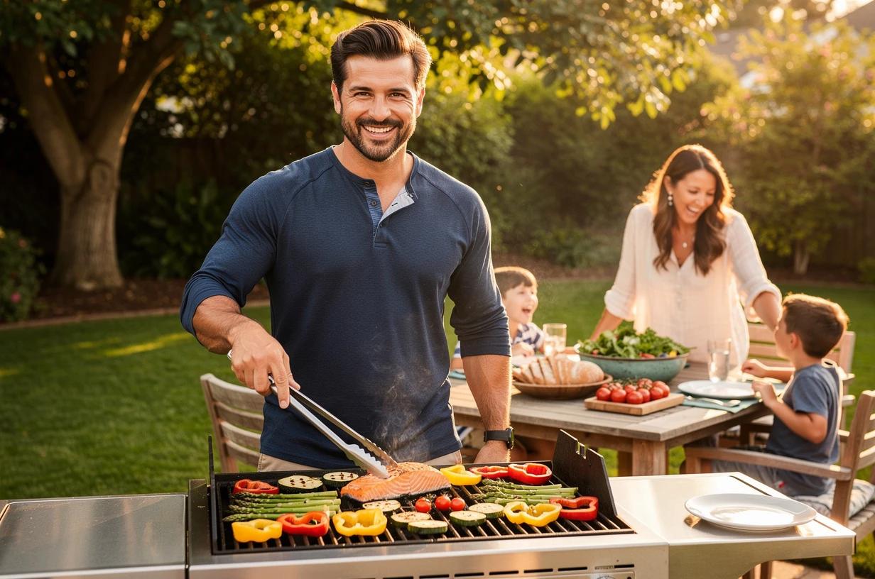 A smiling man in his mid-30s grilling vegetables and salmon outdoors at a backyard barbecue with his family gathered around the table.
