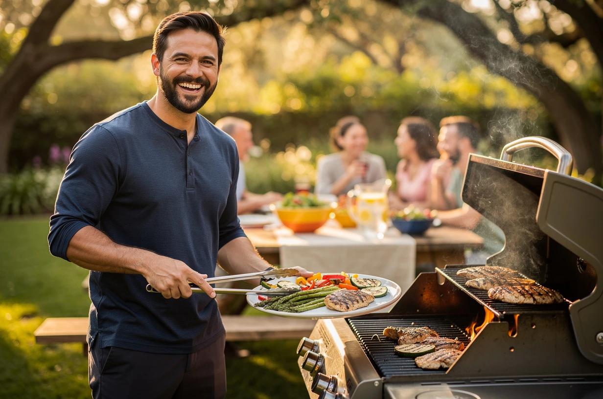 A happy, energetic man in his mid-thirties laughing at a backyard barbecue as he plates grilled vegetables and lean protein for his family.