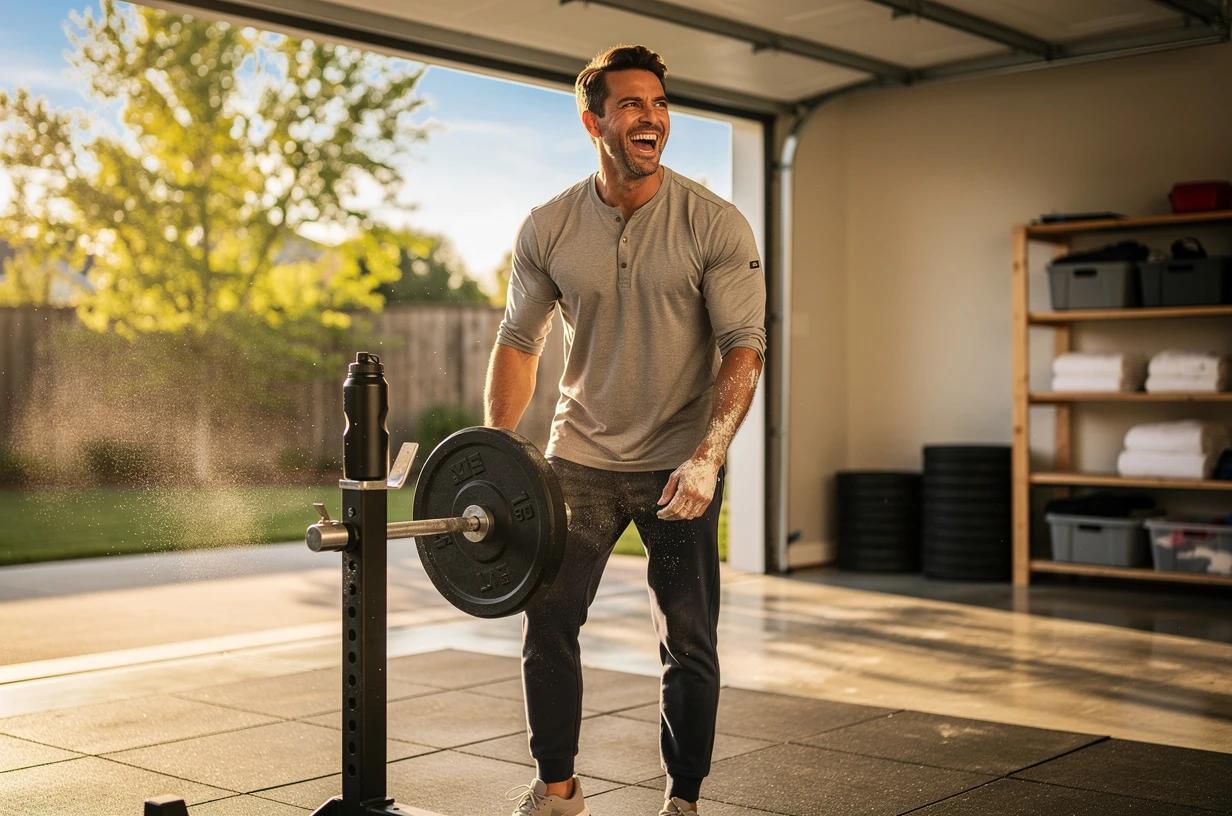 A fit, laughing man in his early 40s loads a barbell in a sun-filled garage gym, chalk on his hands and a water bottle on the rack beside him.