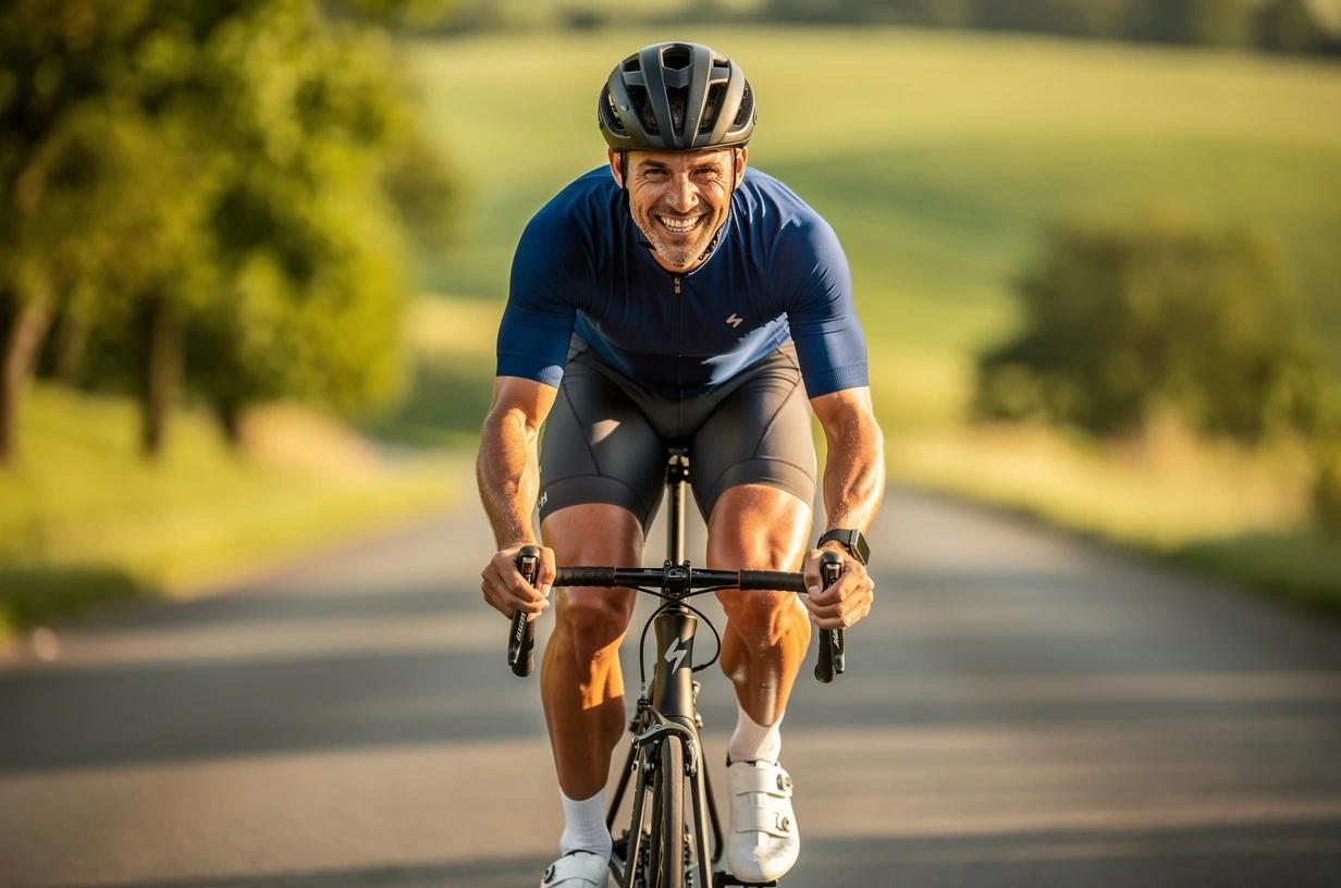 A happy, energetic man in his early 40s cycling on a sunny open road, grinning, wearing a helmet and athletic gear, lush green landscape in the background.