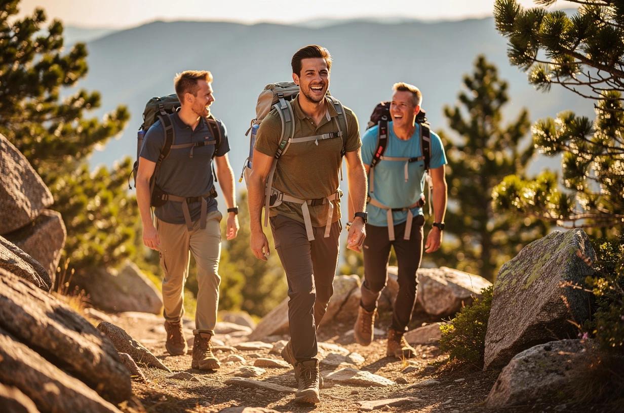 A man in his early 40s laughing with two friends while hiking a rocky mountain trail on a bright morning, all three carrying day packs and looking energized.