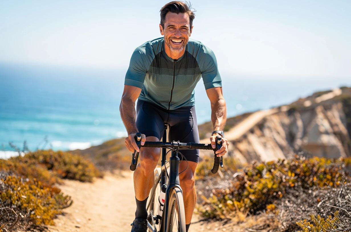 A happy man in his early 40s power-cycling up a sun-drenched coastal trail, grinning as he crests a hill with the ocean in the background.
