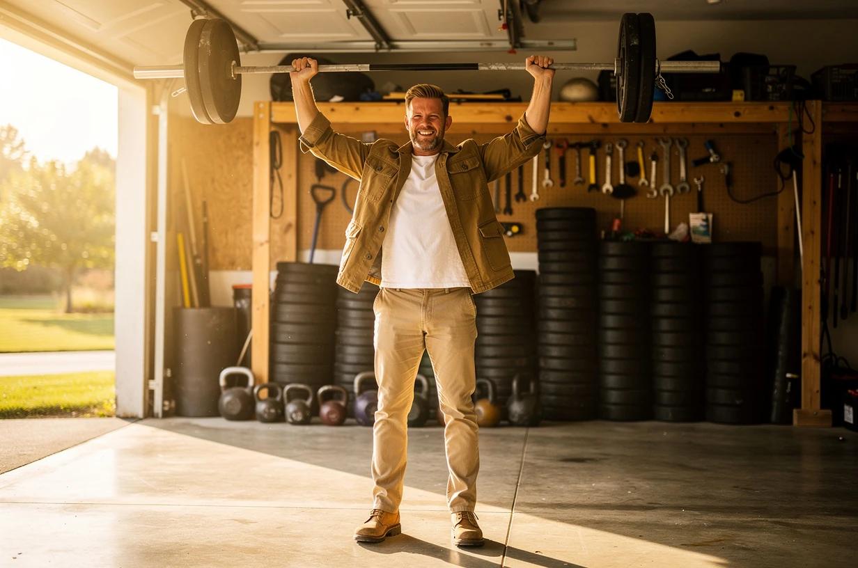 A happy man in his late 30s lifts a barbell overhead in a bright garage gym, sunlight streaming through the open bay door, mid-rep and fully focused.