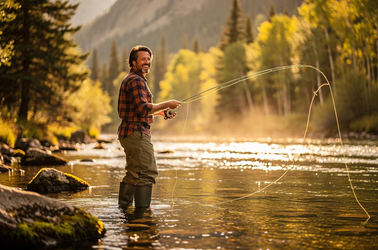A cheerful man in his mid-40s in a flannel shirt fly-fishes a clear mountain stream at golden hour, wading knee-deep with a wide, satisfied smile.