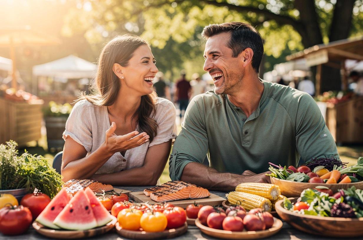 A fit man in his mid-40s laughing with his partner over a colorful spread of vegetables and grilled fish at an outdoor farmers-market picnic table.