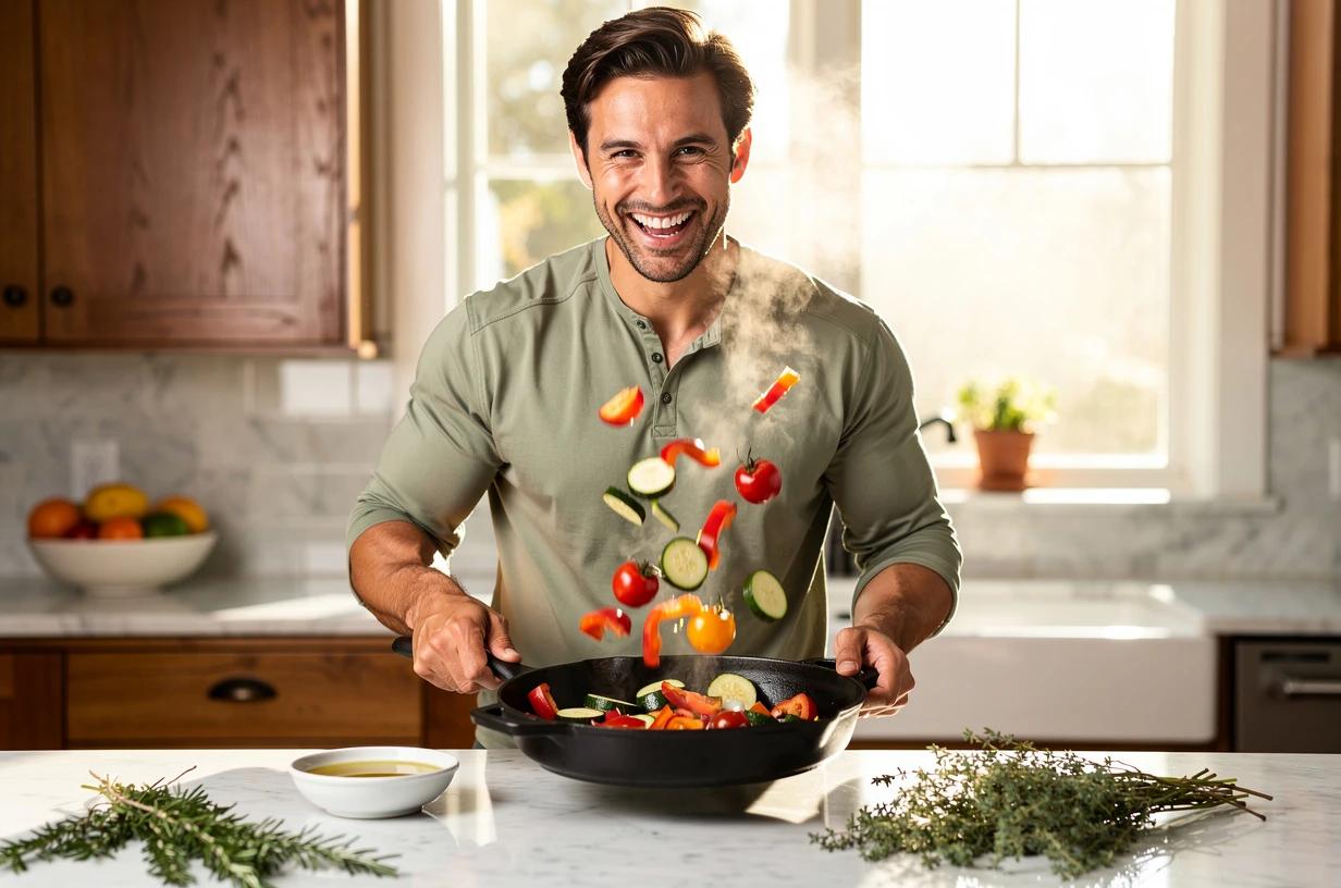 A fit man in his mid-30s preparing a colorful Mediterranean-style meal in a bright kitchen, laughing as he tosses vegetables in a skillet, fresh herbs and olive oil on the counter beside him.