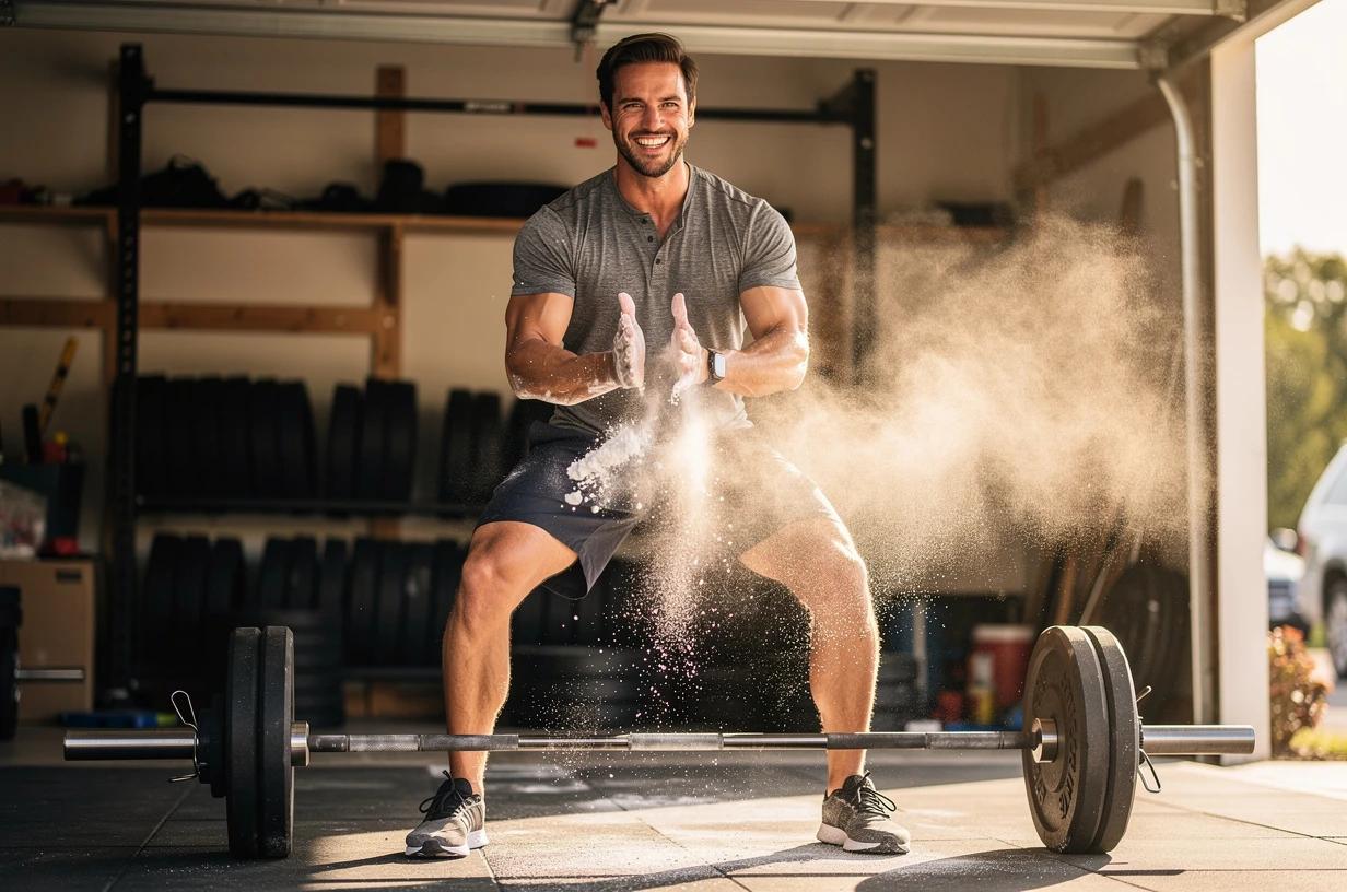 A fit man in his mid-30s loading a barbell in a sunlit home garage gym, grinning as he chalks his hands before a lift.