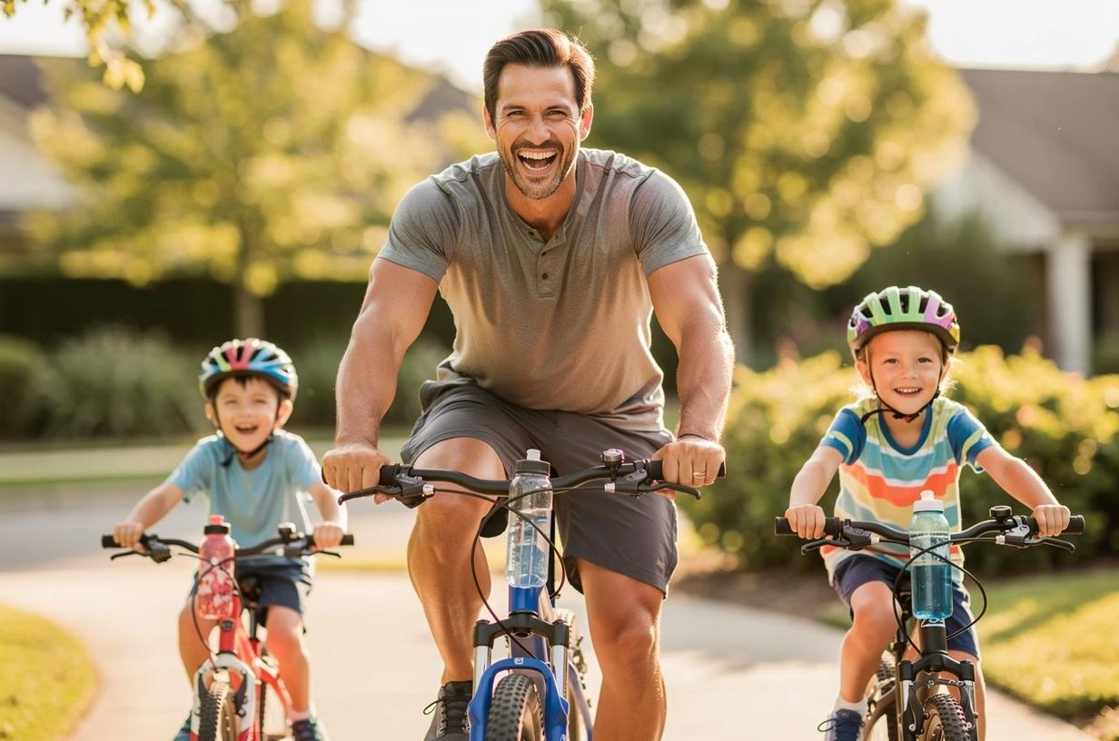 A happy man in his late 30s laughing with his young kids while cycling on a sunny neighborhood trail, water bottles in their bike holders.